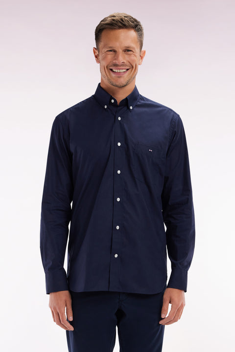 Straight-fit navy cotton shirt with elbow patch - Image 1