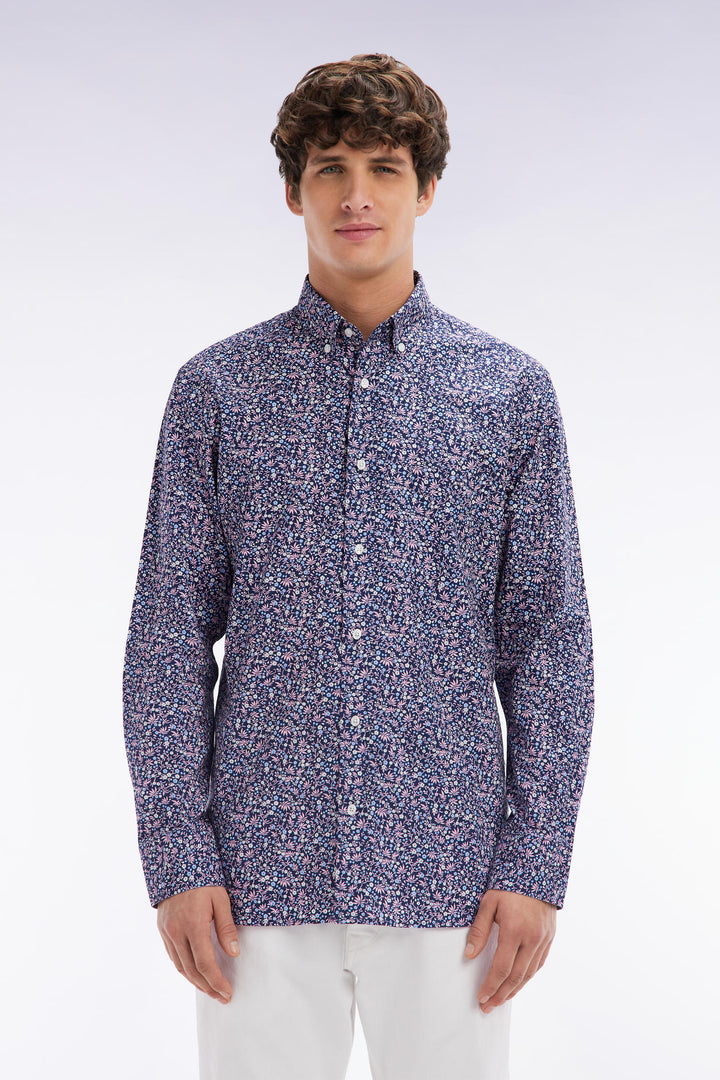 Chemise en popeline de coton marine à microimprimé floral coupe droite