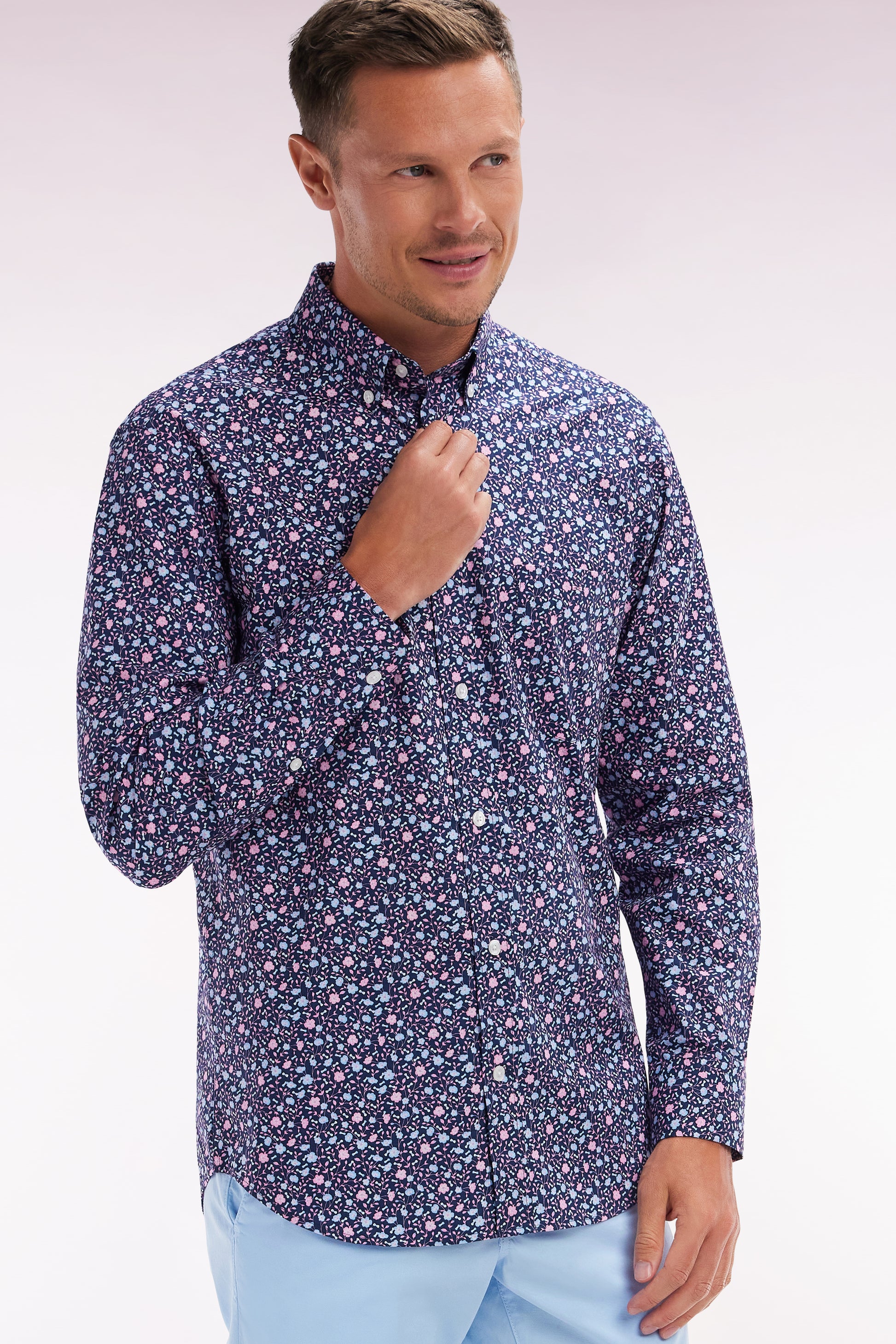 Chemise à micromotifs en coton marine coupe droite