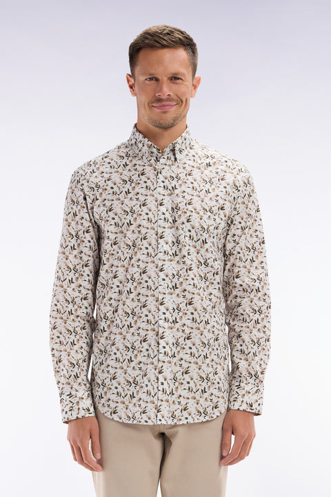 Straight-fit beige cotton poplin shirt with botanical microprint - Image 1