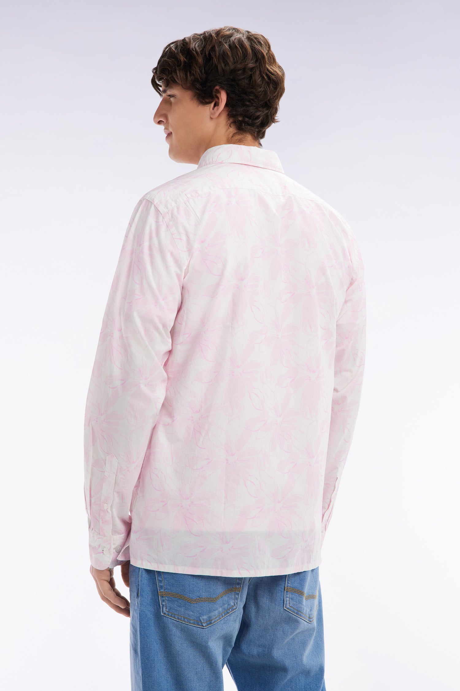 Chemise en popeline de coton imprimé nœud papillon rose coupe droite