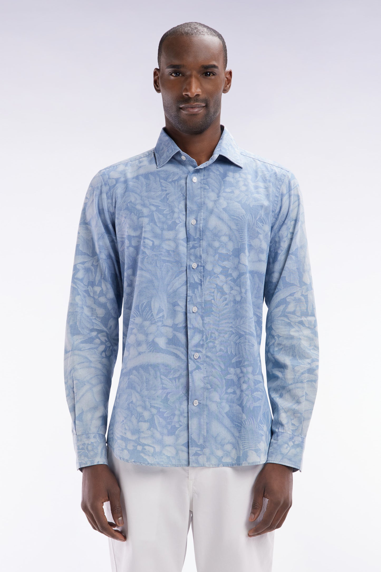 Slim-fit grey chambray printed shirt