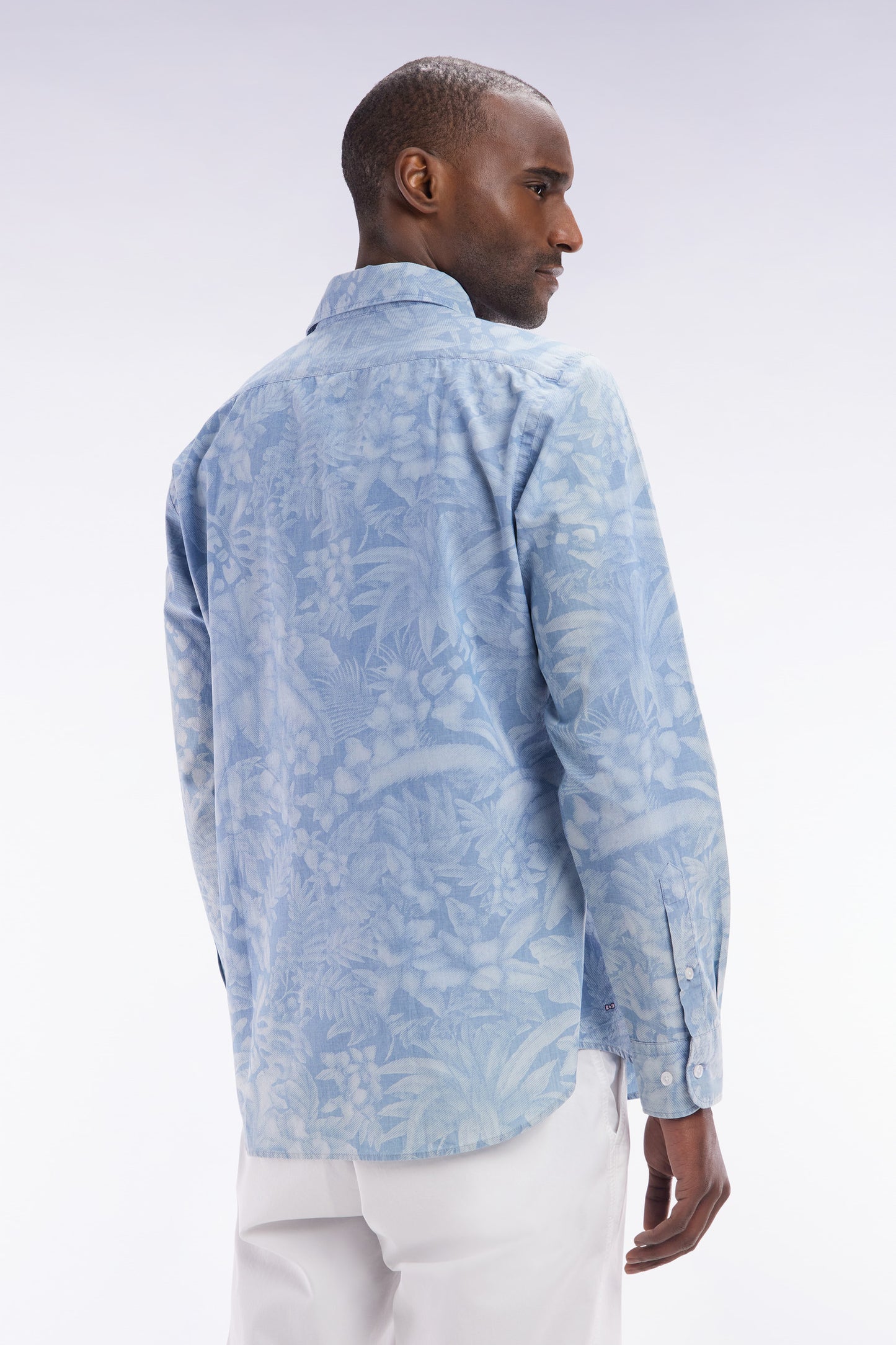 Slim-fit grey chambray printed shirt