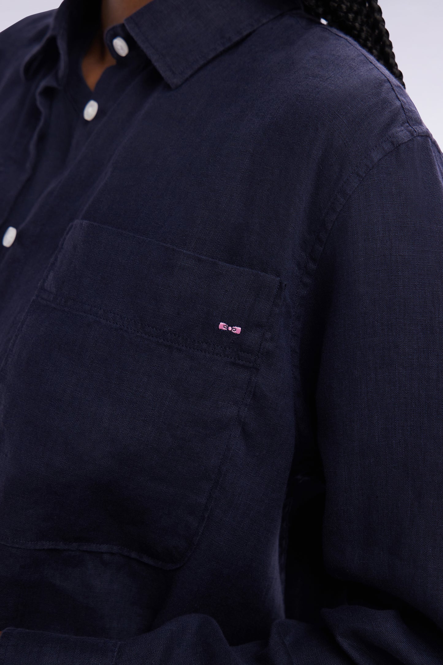 Oversized navy linen shirt with patch pockets