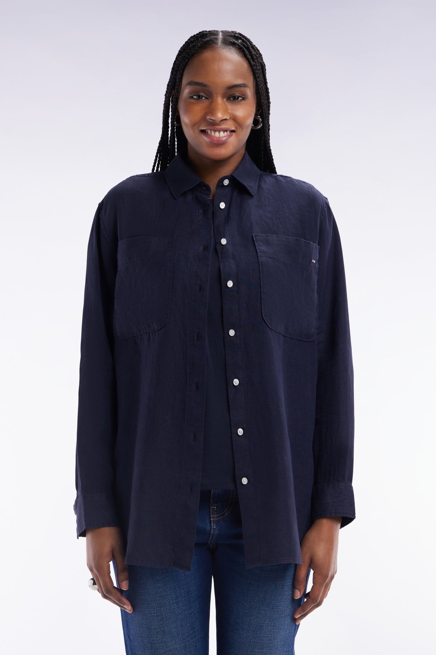 Oversized navy linen shirt with patch pockets