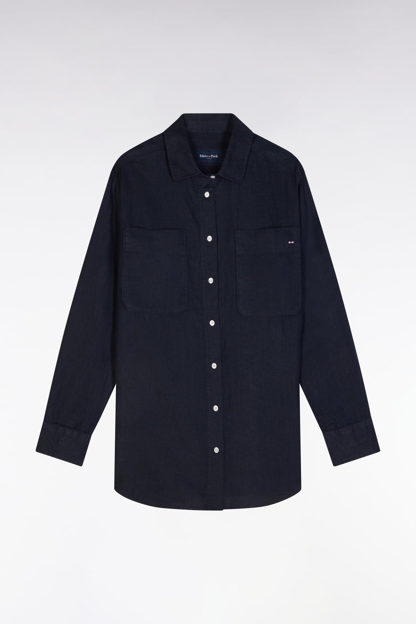 Oversized navy linen shirt with patch pockets