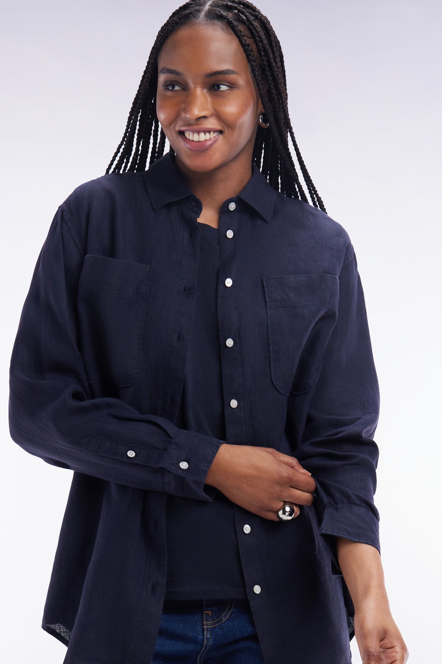 Oversized navy linen shirt with patch pockets