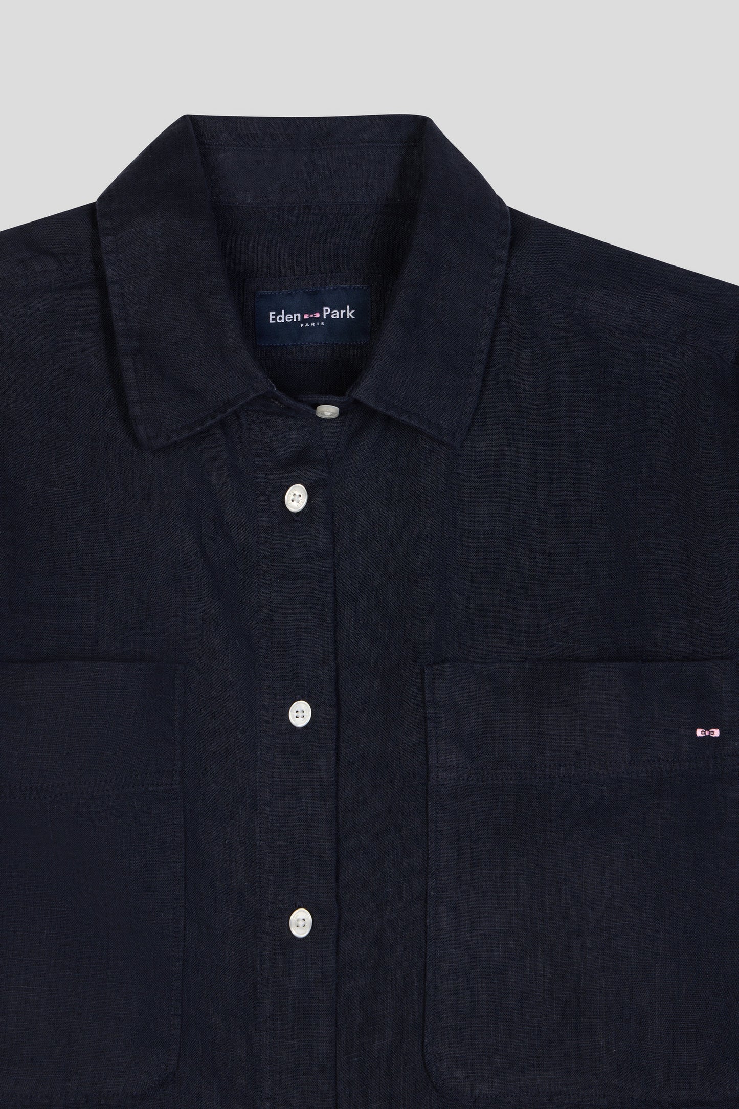 Oversized navy linen shirt with patch pockets
