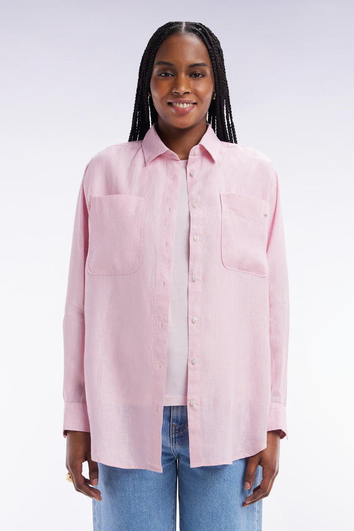 Chemise à poches plaquées en lin rose coupe oversized