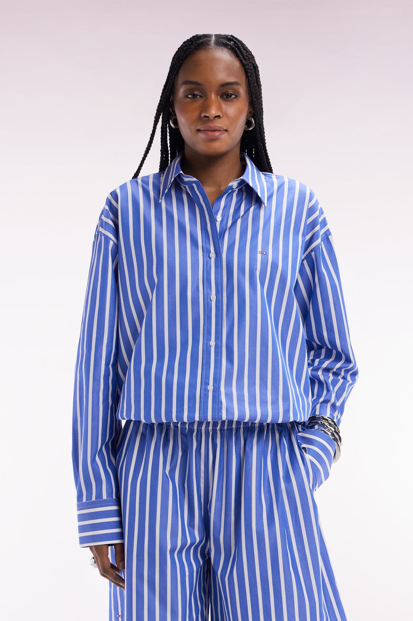 Oversized blue cotton shirt with white stripes