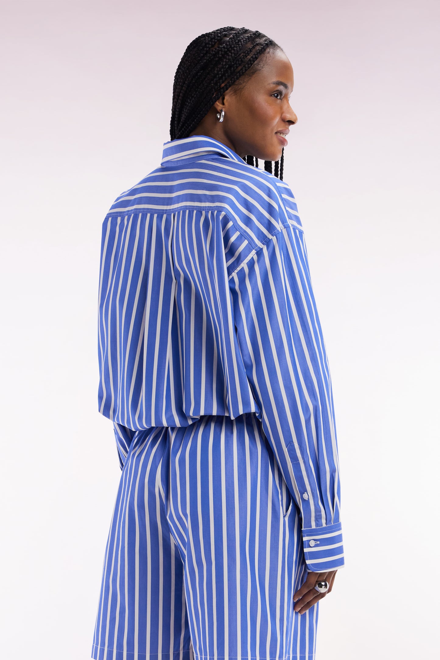 Oversized blue cotton shirt with white stripes