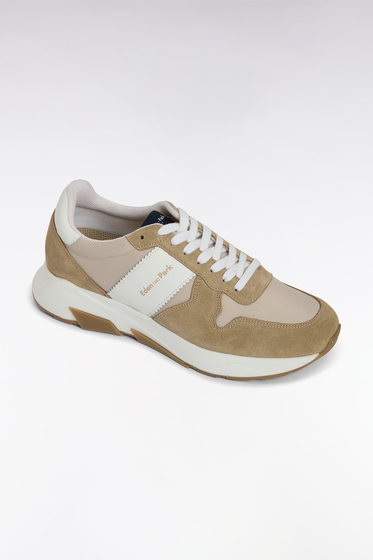 Multi-material sneakers in beige leather