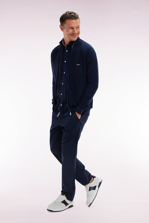 Straight zipped navy cotton knit cardigan - Image 2