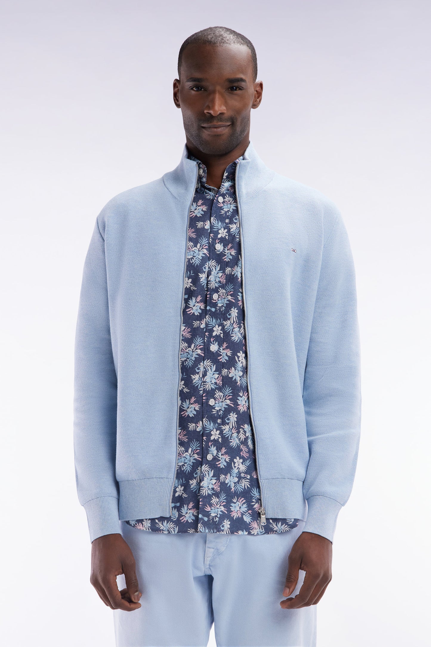 Straight-fit zipped sky blue honeycomb cotton cardigan