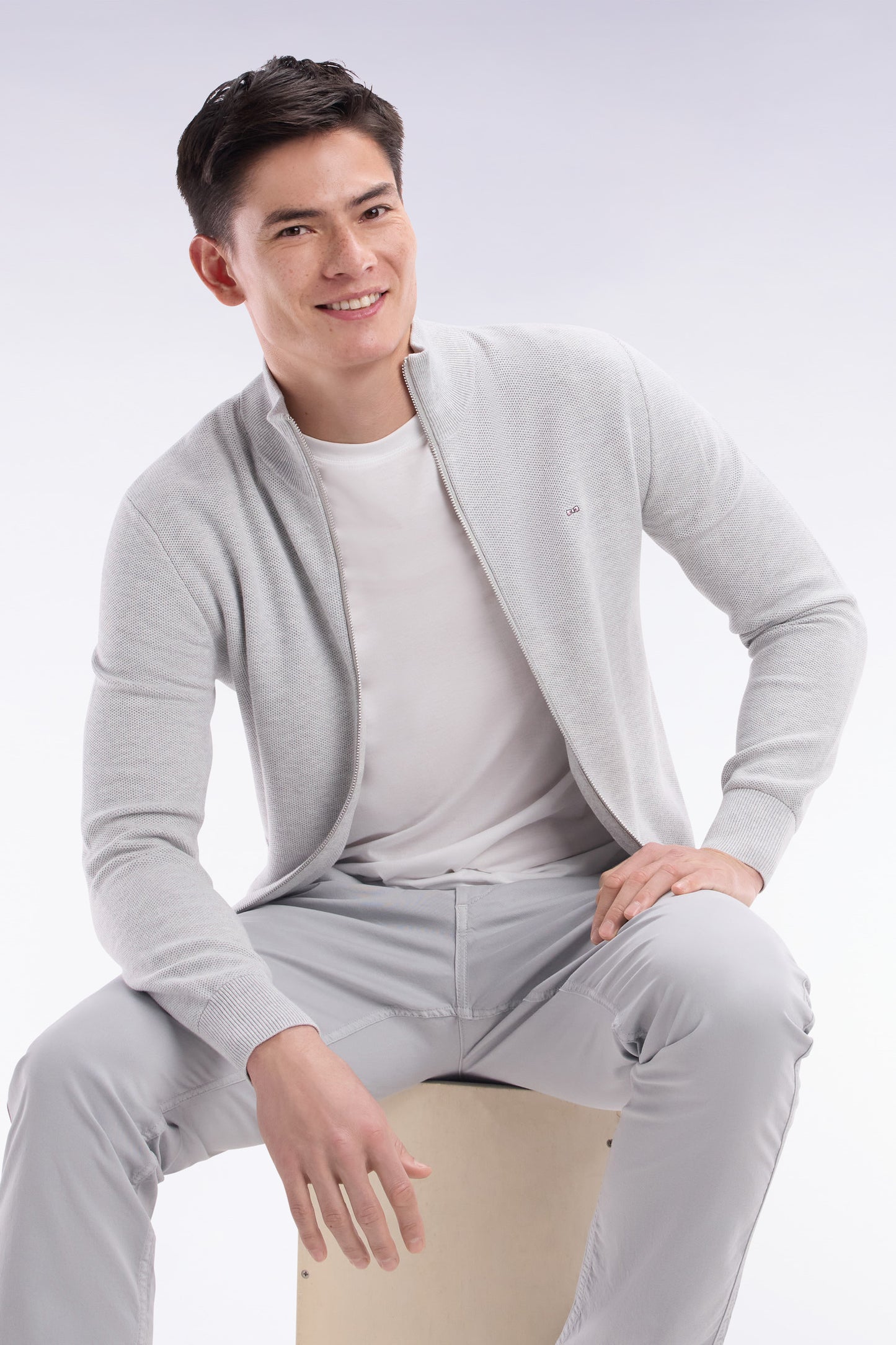 Straight-fit zipped grey honeycomb cotton cardigan
