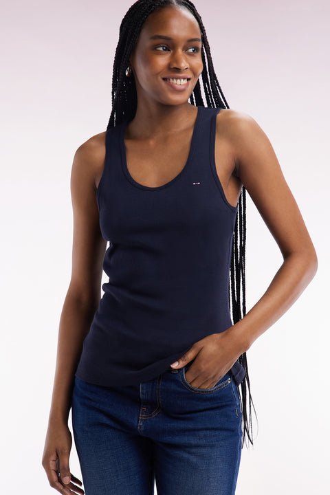 Navy ribbed Pima cotton tank top, slim fit - Image 1