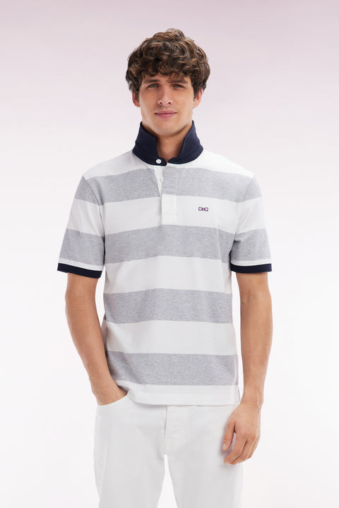 Short-sleeved jersey in grey and white ringed Pima cotton, straight cut - Image 1