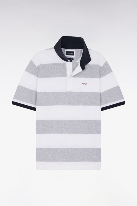 Short-sleeved jersey in grey and white ringed Pima cotton, straight cut - Image 2