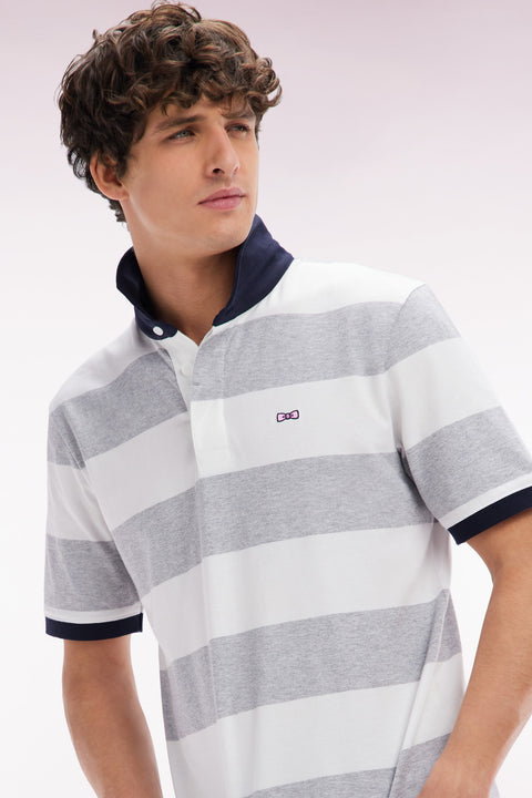 Short-sleeved jersey in grey and white ringed Pima cotton, straight cut - Image 3
