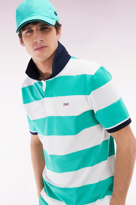 Short-sleeved jersey in green and white ringed Pima cotton, straight cut - Image 3