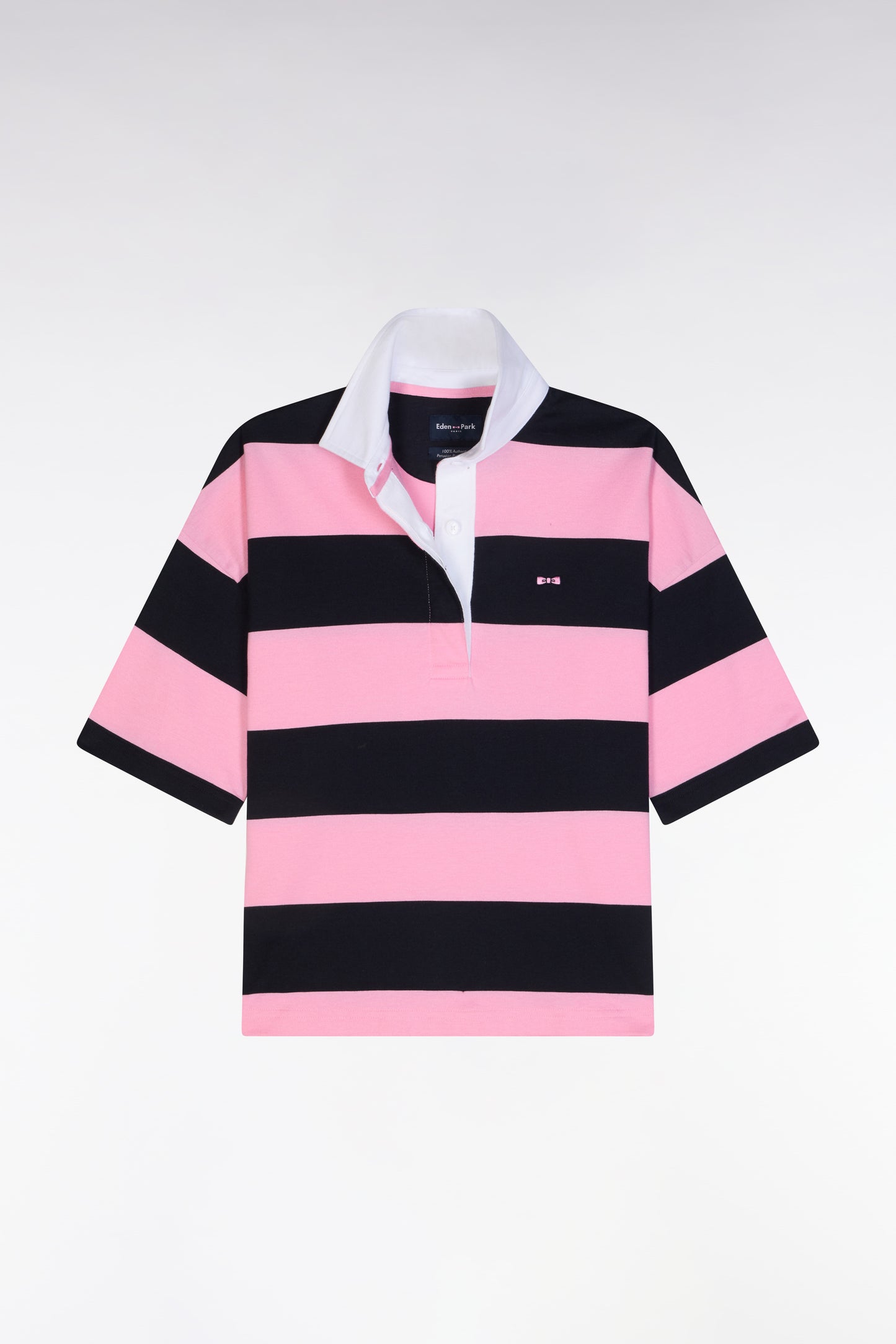 Navy blue and pink striped short-sleeved casual jersey