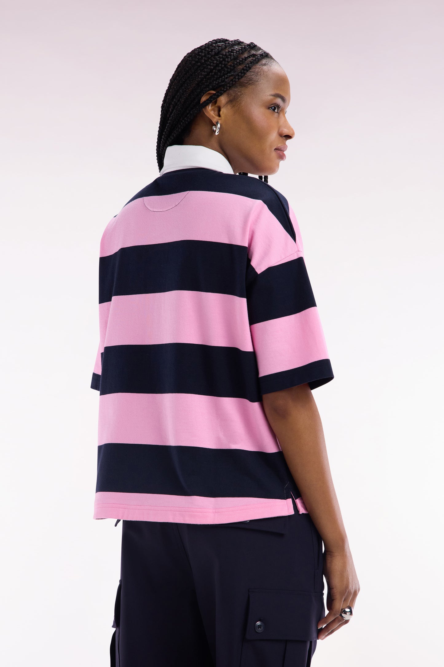 Navy blue and pink striped short-sleeved casual jersey