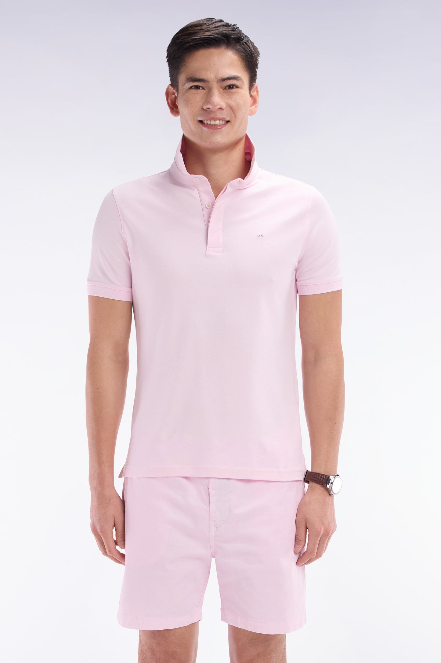 Slim-fit short-sleeved polo shirt in light pink stretch cotton piqué