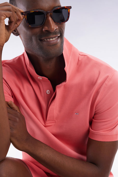 Slim-fit short-sleeved polo shirt in salmon pink stretch cotton piqué - Image 3