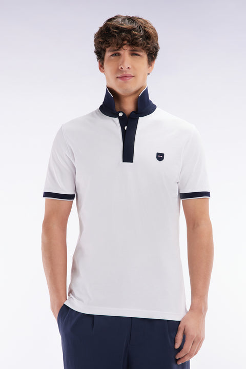 Slim-fit plain short-sleeved polo shirt in white stretch cotton with contrasting piping - Image 1