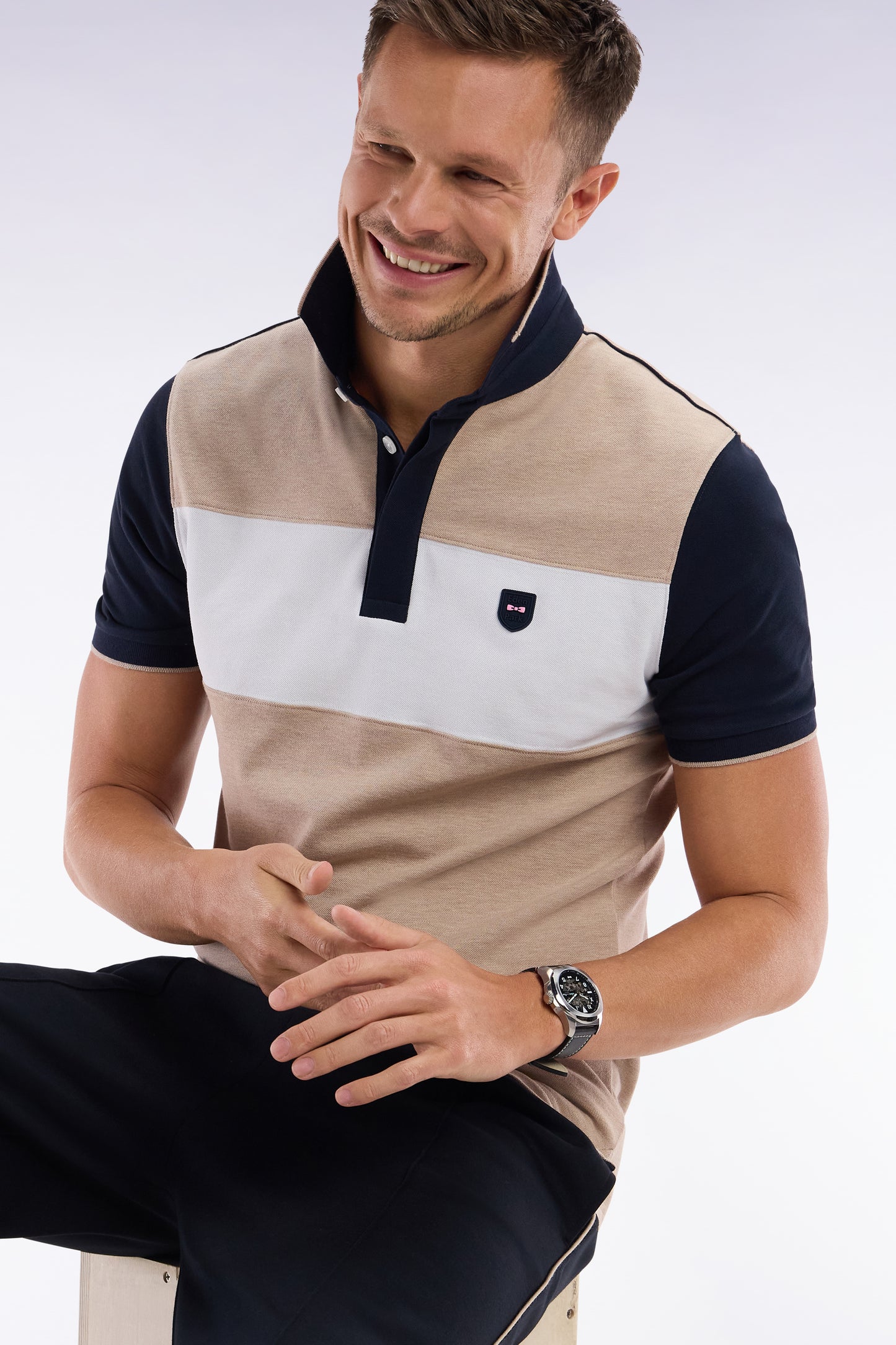 Slim-fit short-sleeved polo shirt in beige stretch cotton with contrasted stripe