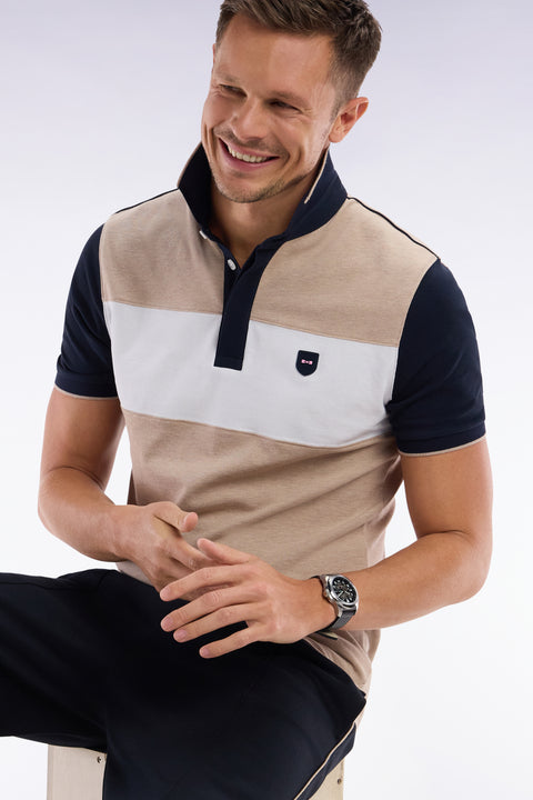 Slim-fit short-sleeved polo shirt in beige stretch cotton with contrasted stripe - Image 3