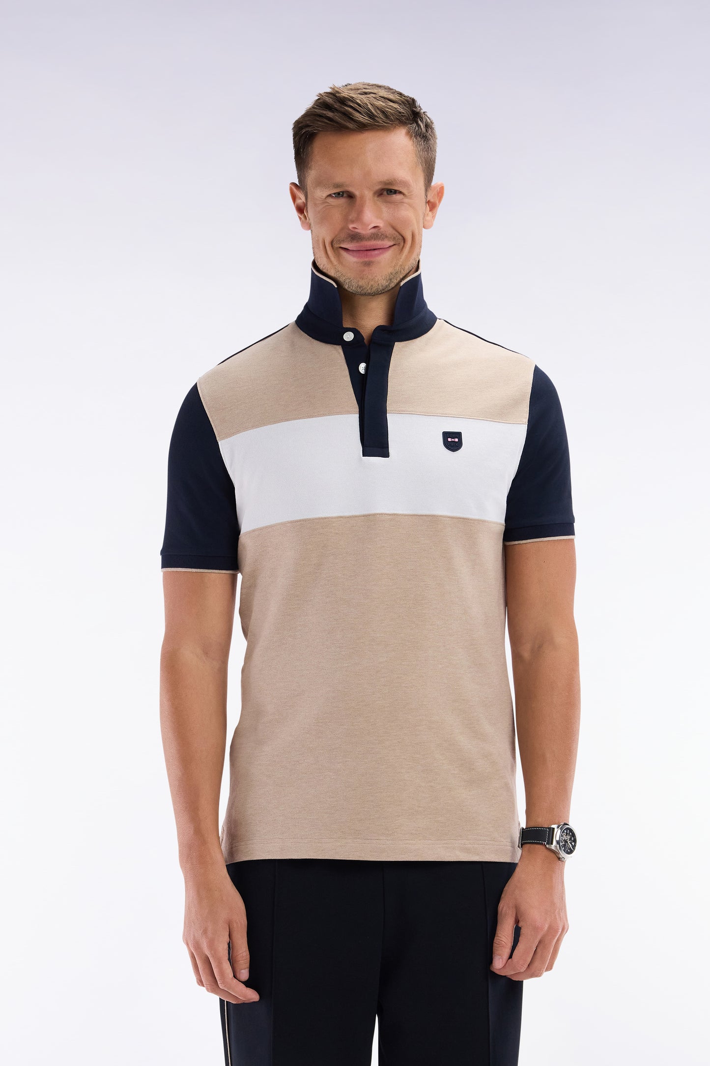 Slim-fit short-sleeved polo shirt in beige stretch cotton with contrasted stripe