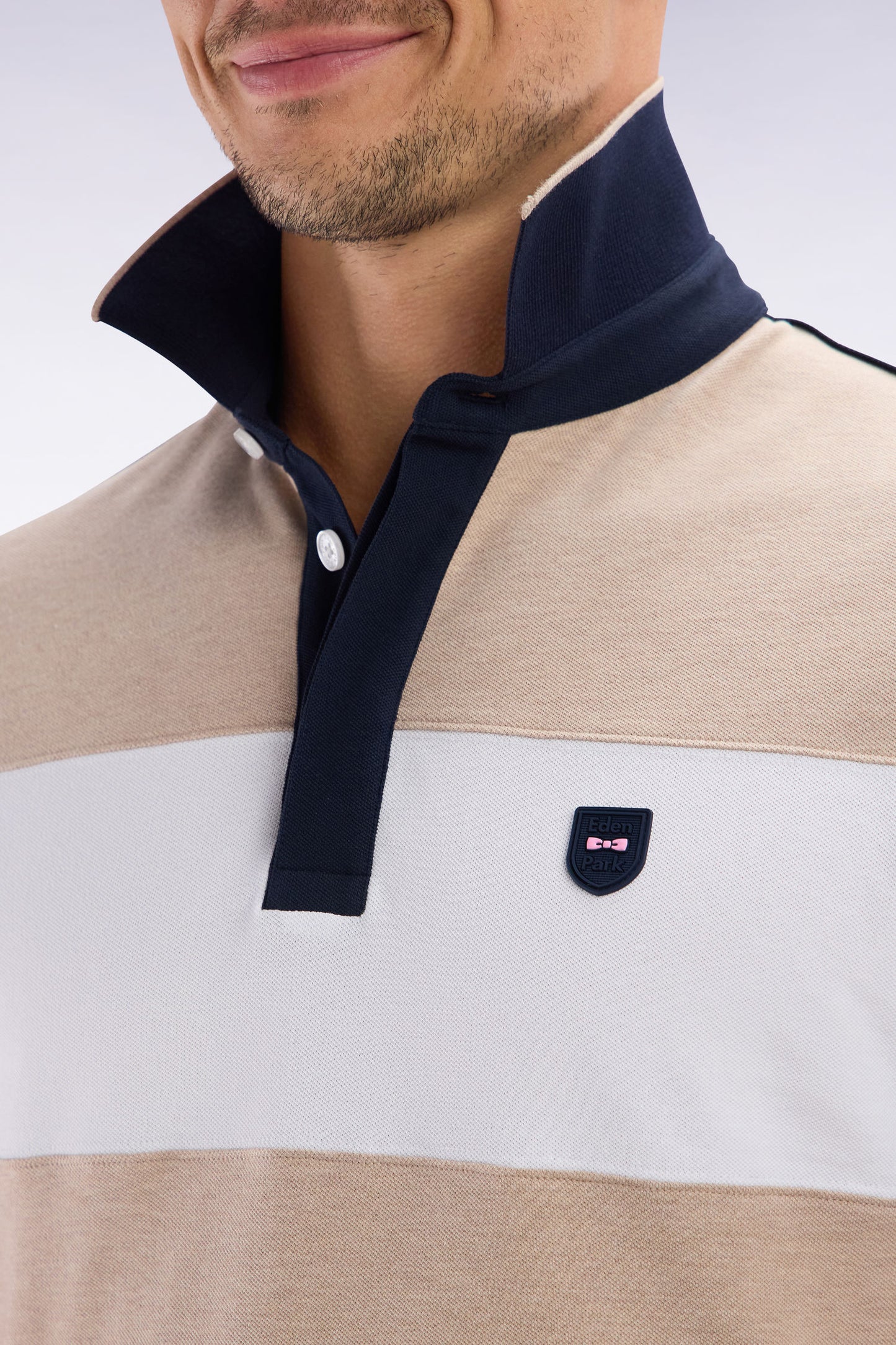 Slim-fit short-sleeved polo shirt in beige stretch cotton with contrasted stripe