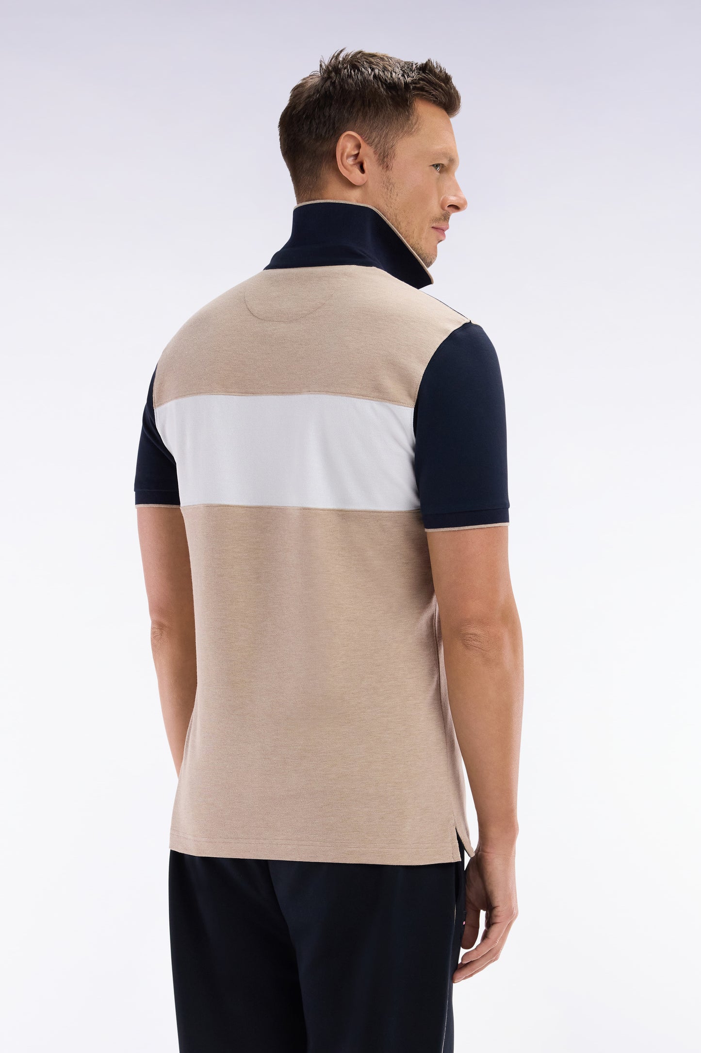 Slim-fit short-sleeved polo shirt in beige stretch cotton with contrasted stripe