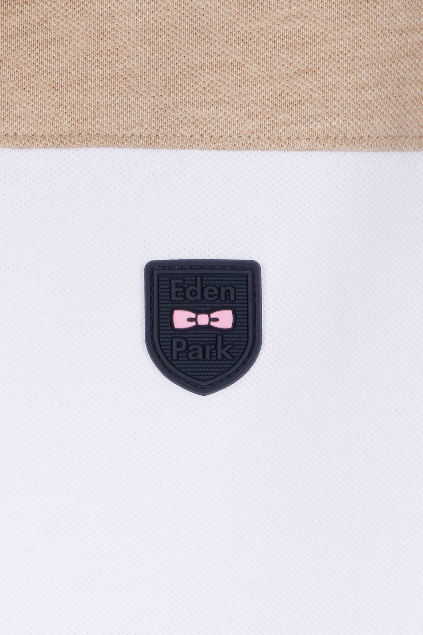 Slim-fit short-sleeved polo shirt in beige stretch cotton with contrasted stripe