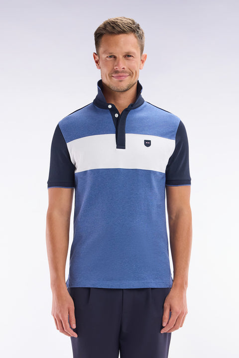 Slim-fit short-sleeved polo shirt in blue stretch cotton with contrasted stripe - Image 1