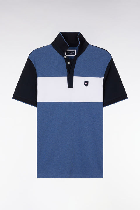 Slim-fit short-sleeved polo shirt in blue stretch cotton with contrasted stripe - Image 2