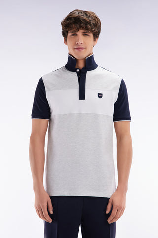 Slim-fit short-sleeved polo shirt in grey stretch cotton with contrasted stripe
