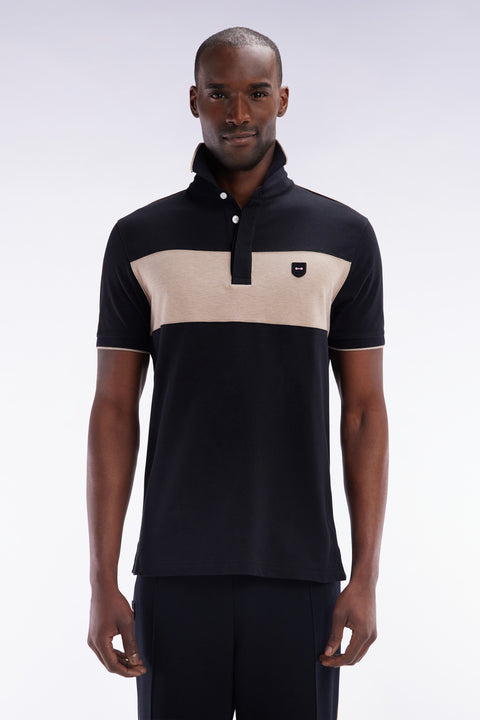 Slim-fit short-sleeved polo shirt in black stretch cotton with contrasted stripe - Image 1