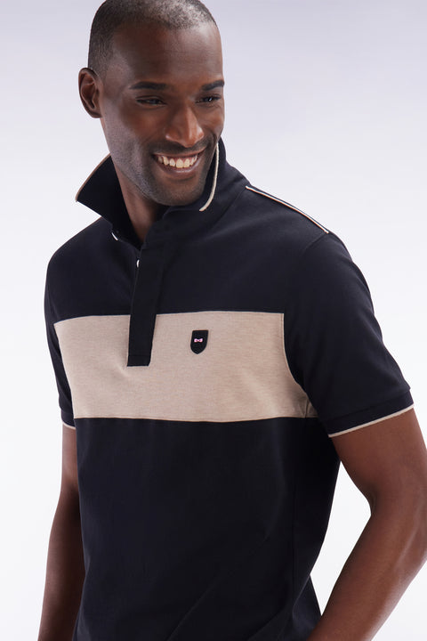Slim-fit short-sleeved polo shirt in black stretch cotton with contrasted stripe - Image 3