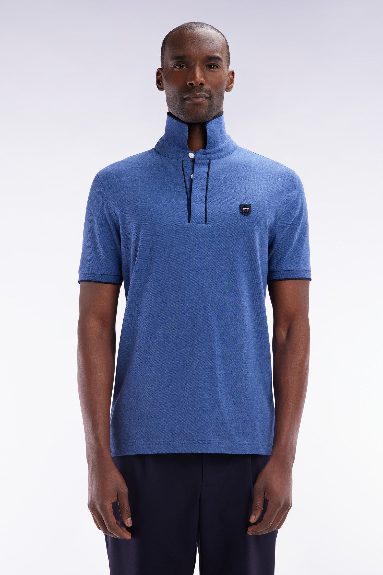 Polo à manches courtes en piqué de coton chiné stretch bleu foncé coupe ajustée