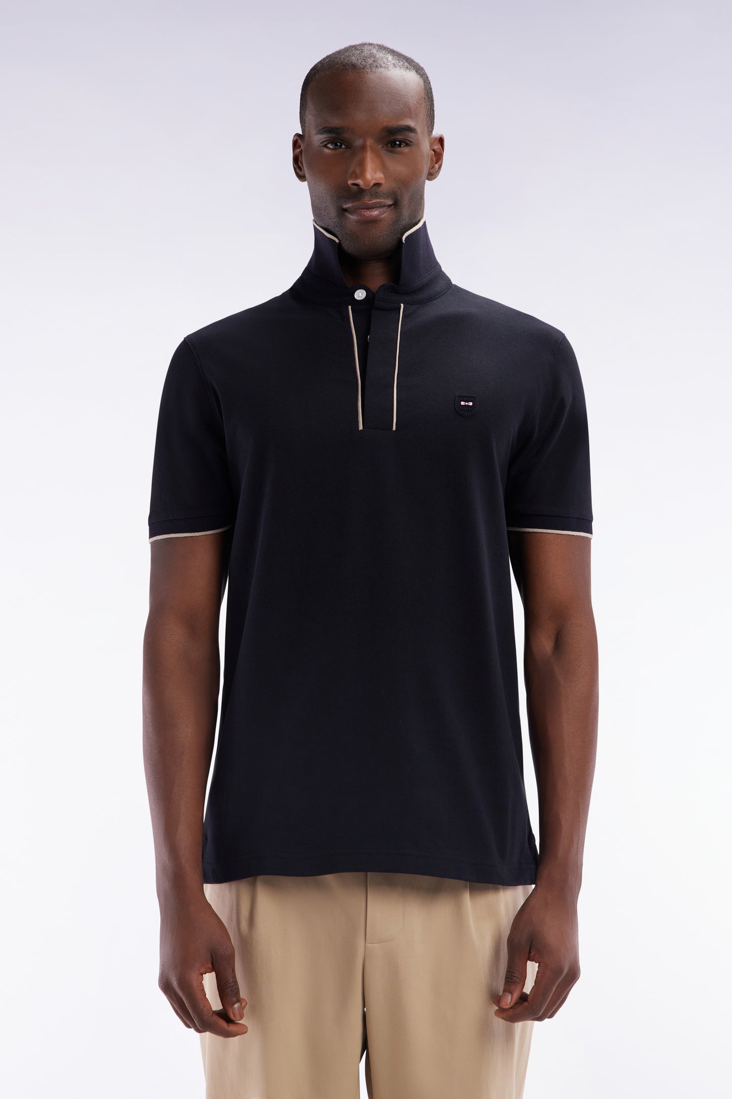 Polo à manches courtes en piqué de coton chiné stretch noir coupe ajustée