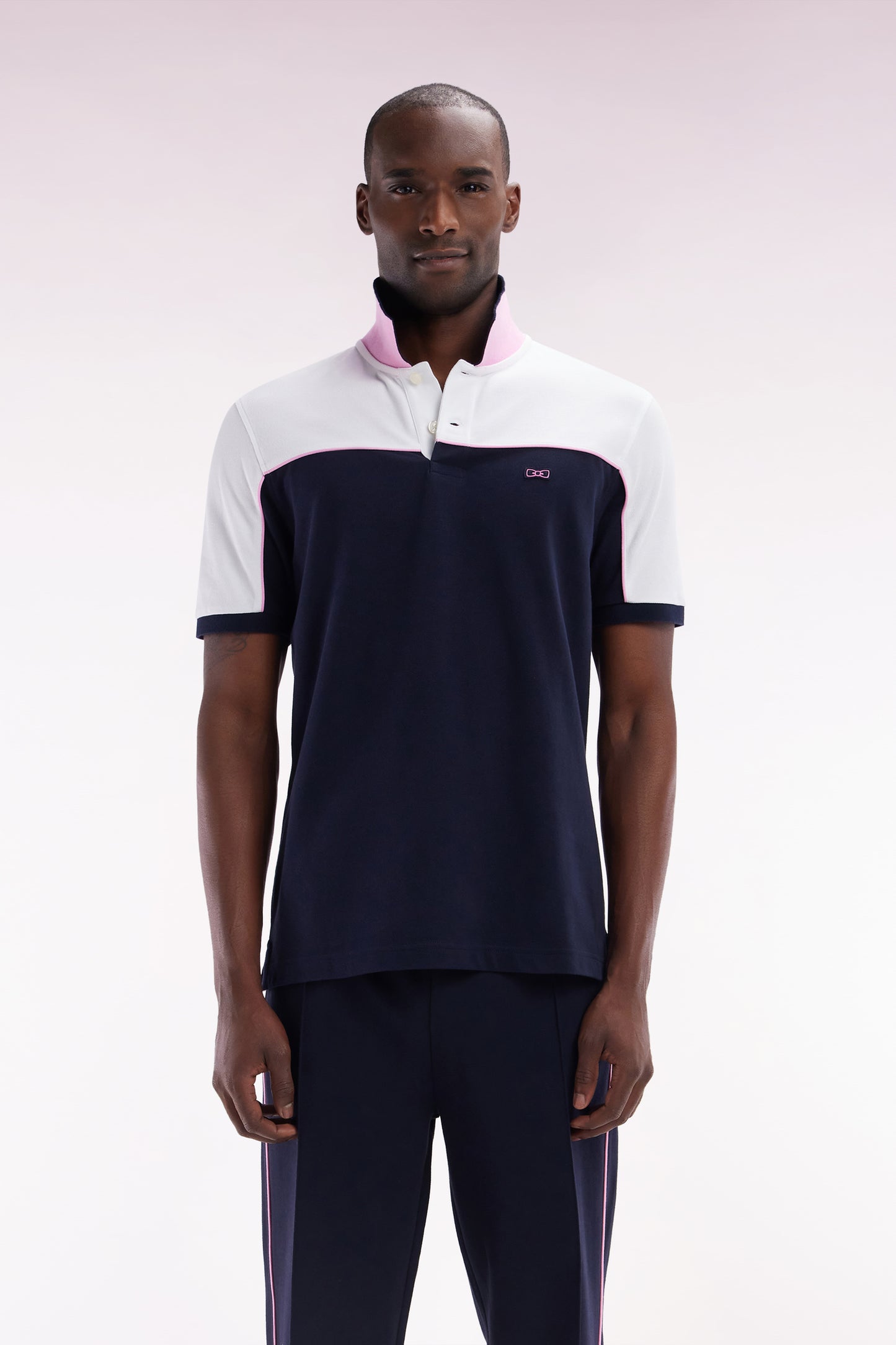 Straight-cut navy blue colorblock short-sleeved cotton piqué polo shirt