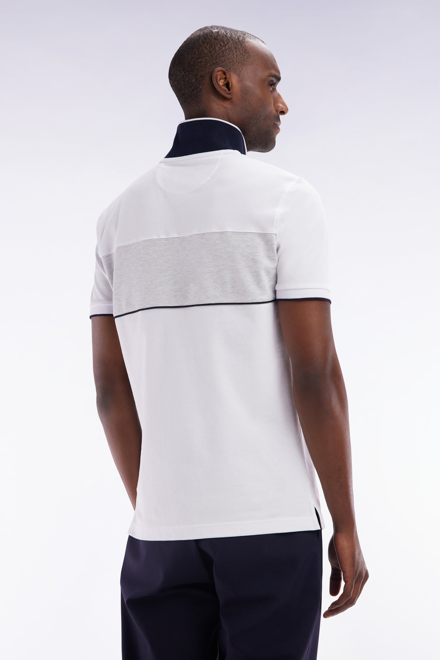 Slim-fit short-sleeved polo shirt in white stretch mottled cotton piqué with contrasting accents