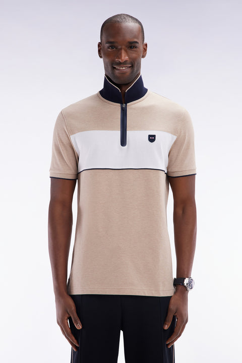 Slim-fit short-sleeved polo shirt in beige stretch mottled cotton piqué with contrasting accents - Image 1