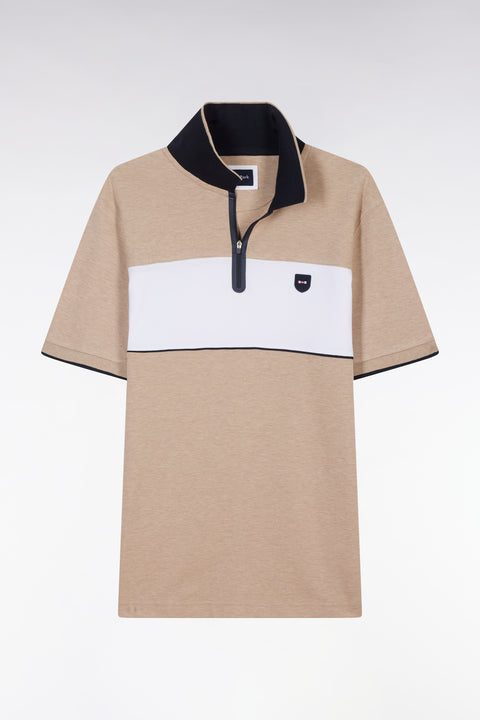 Slim-fit short-sleeved polo shirt in beige stretch mottled cotton piqué with contrasting accents - Image 2