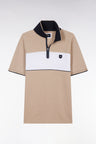 Slim-fit short-sleeved polo shirt in beige stretch mottled cotton piqué with contrasting accents