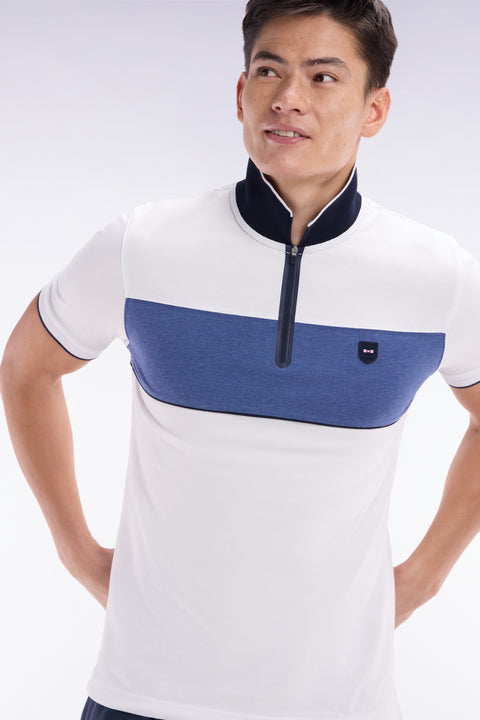 Slim-fit short-sleeved polo shirt in grey stretch mottled cotton piqué with contrasting accents - Image 3