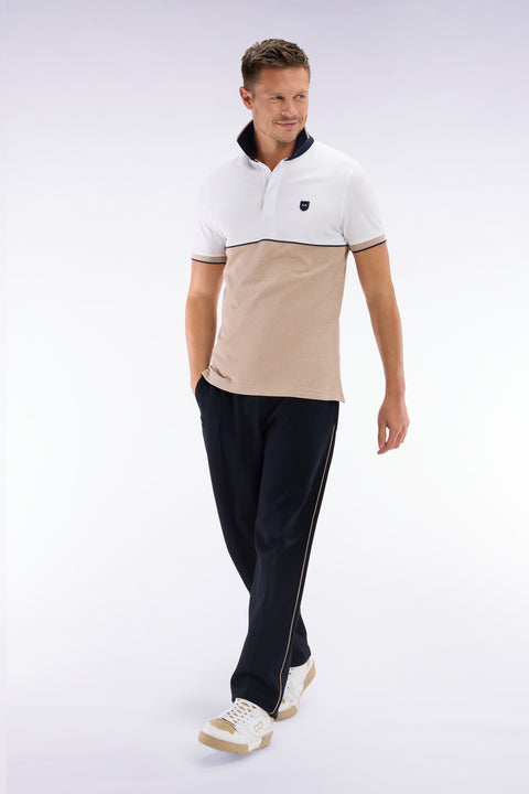 Slim-fit two-tone beige stretch cotton short-sleeved polo shirt - Image 3