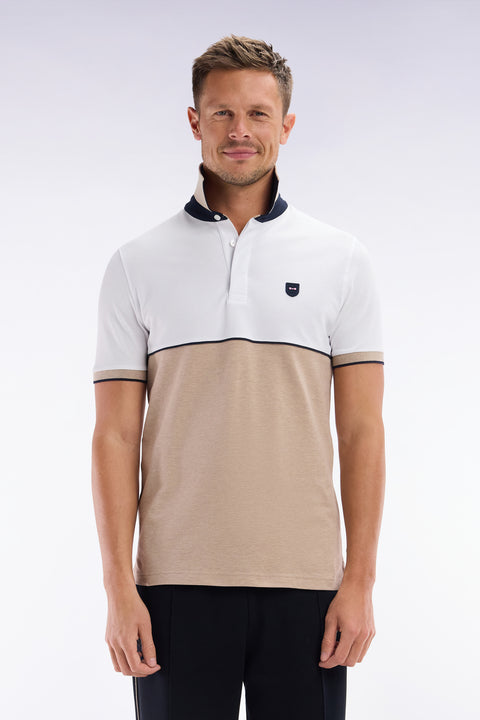 Slim-fit two-tone beige stretch cotton short-sleeved polo shirt - Image 1